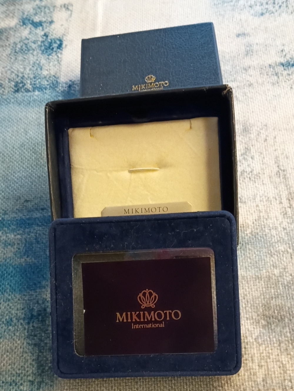 Mikimoto Blue Velvet Pearl Box with Gold Logo, Also in Mikimoto Cardboard Box